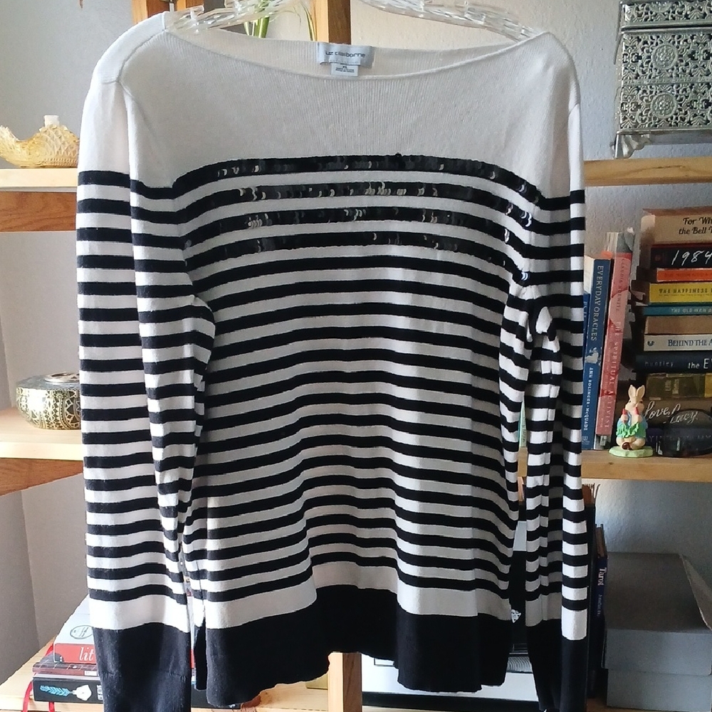 Liz Claiborne Cream Sweater with Black and Copper Sequin Stripes
